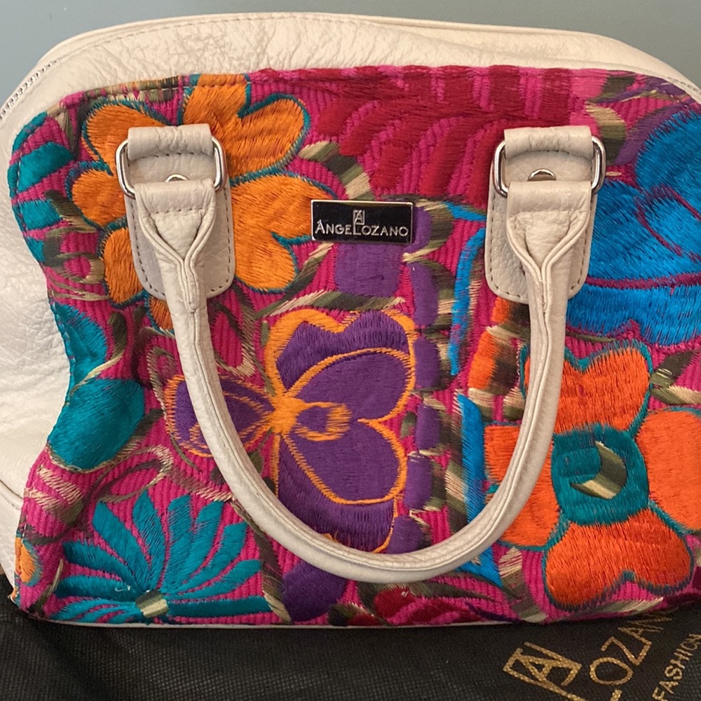 AngeLozano cream pebble leather colorful floral embroidered satchel bag. Boho - Picture 2 of 13